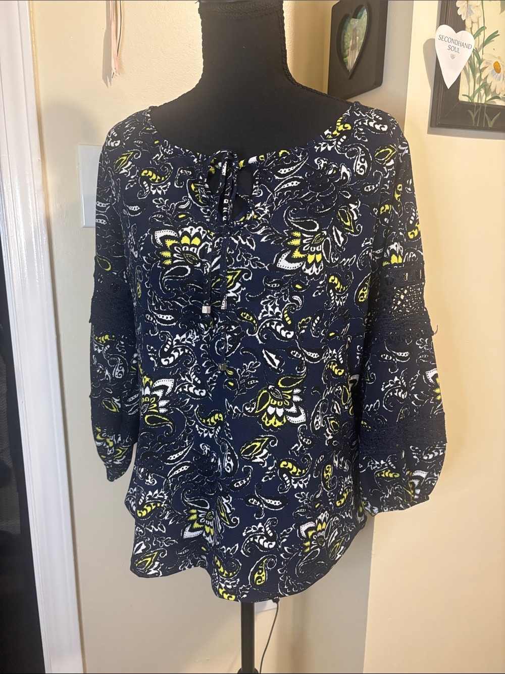 Adrienne Vittadini Navy Floral Paisley Tie-Neck Blouse with Yellow Accents